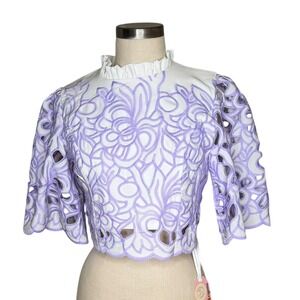 SUNFERE Crop Top White Purple Floral Embroidery Cutout Women's Size Medium NEW